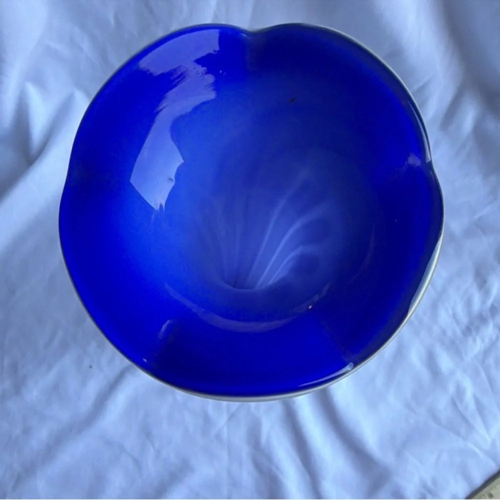 Vintage Cobalt Blue & White Cased Glass Ribbed Vase - 11" Tall - Picture 2 of 8